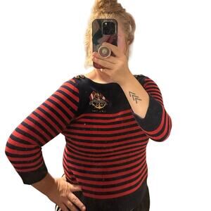 RALPH LAUREN Nautical Embroidered Flag Crest Sweater Red & Blue Striped Size M